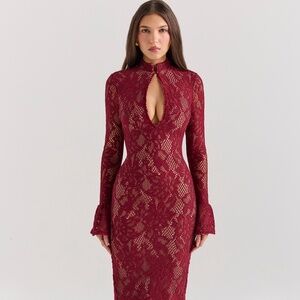 House of CB Burgundy Lace Long Sleeve Dress